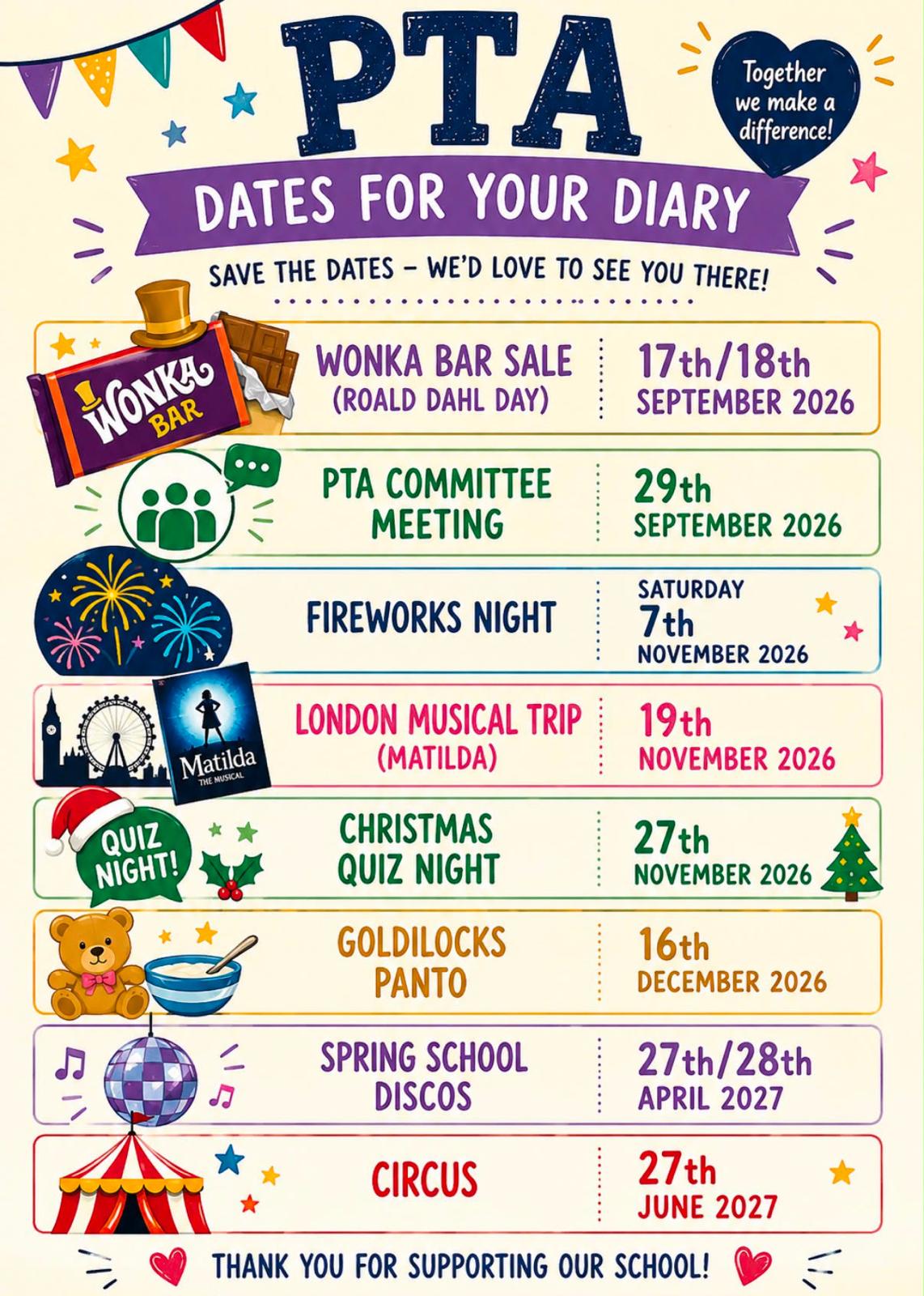 PTA dates for your diary from September 2026 to June 2027